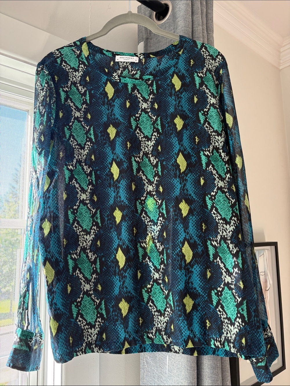 Equipment Teal and Lime Snake-Print Long-Sleeve 100% Silk Blouse
